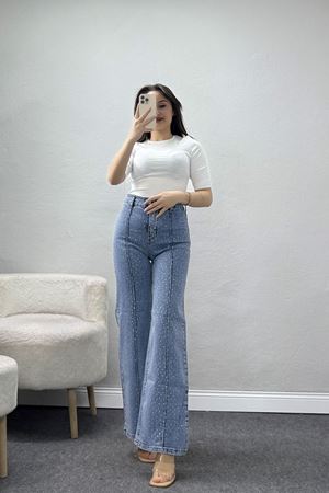 Taşlı Çımalı Kot Pantolon Buzmavi - 32448.2001