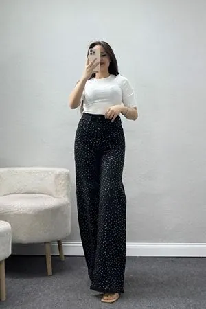 Kadın Taşlı Çımalı Kot Pantolon Siyah