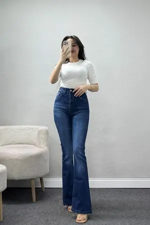 Kadın Likralı İspanyol Kot Pantolon Mavi