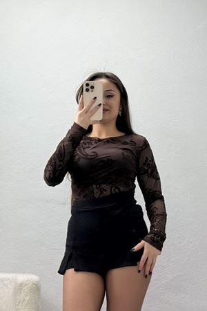 Flok Baskılı Tül Bluz Kahvedesenli - 70957.1567.