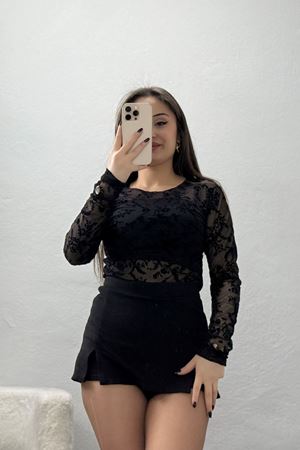 Flok Baskılı Tül Bluz Siyah - 70957.1567.