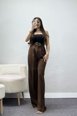 Önden Pileli Dabıl Kumaş Kemerli Pantolon Acıkahve - 71206.1920.