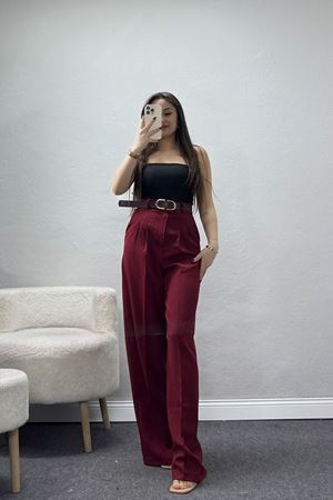 Önden Pileli Dabıl Kumaş Kemerli Pantolon Bordo - 71206.1920.
