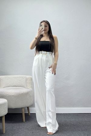 Önden Pileli Dabıl Kumaş Kemerli Pantolon Ekru - 71206.1920.