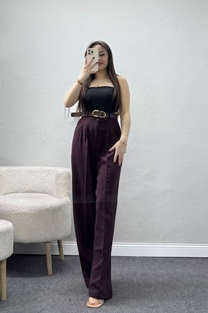 Önden Pileli Dabıl Kumaş Kemerli Pantolon Mürdüm - 71206.1920.