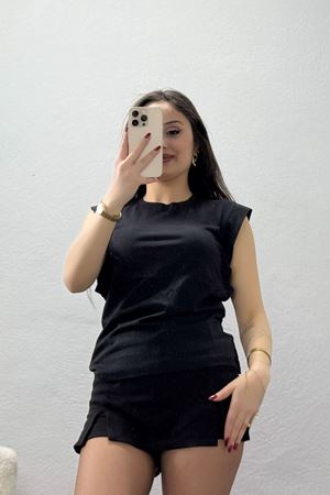 Geniş Kol Bisiklet Yaka Tişört Siyah - 21572.200.