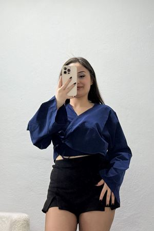 Bağlamalı Asimetrik Gömlek Lacivert - 30872.1949.