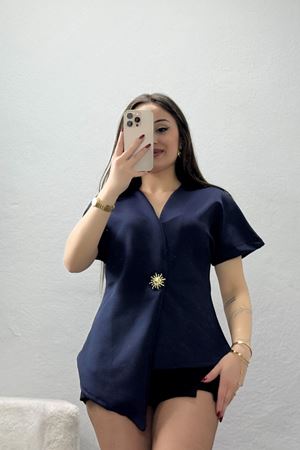 Asimetrik Scuba Kumaş Gold Düğmeli Ceket Lacivert - 32455.2023.