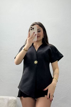 Asimetrik Scuba Kumaş Gold Düğmeli Ceket Siyah - 32455.2023.