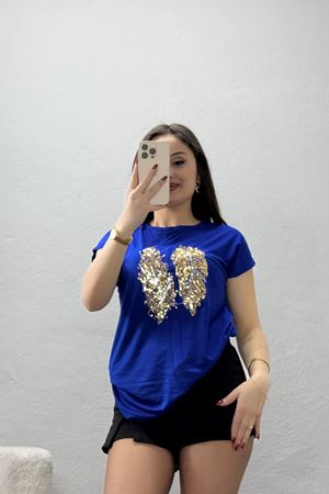 Payet Yaprak Detaylı Tişört Saks - 44006.599.