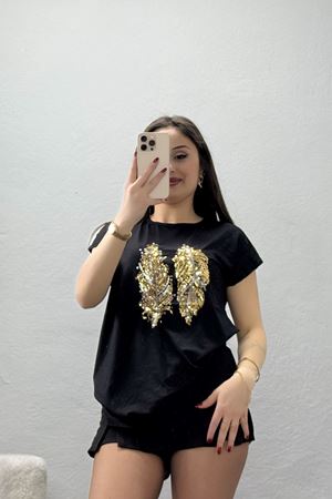 Payet Yaprak Detaylı Tişört Siyah - 44006.599.