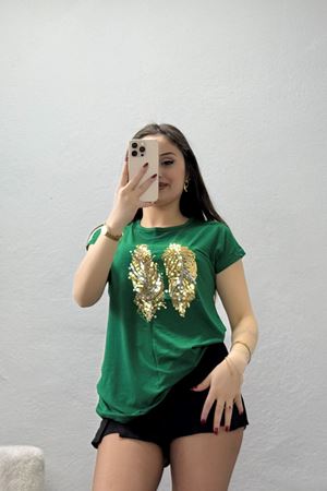 Payet Yaprak Detaylı Tişört Yeşil - 44006.599.