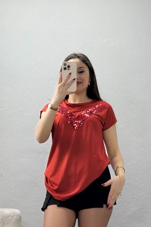 Yaka Pul İşlemeli Viskon Bluz Kiremit - 70647.599.