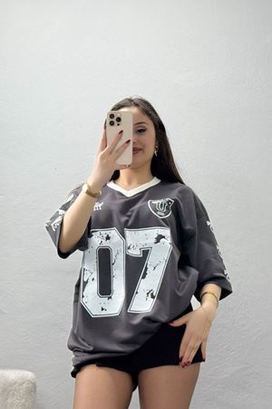 V Yaka Oversize 2 İplik Forma Tişört Antrasit - 88103.1878.