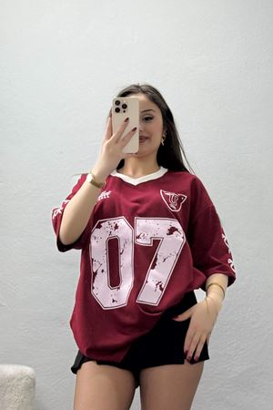 V Yaka Oversize 2 İplik Forma Tişört Bordo - 88103.1878.