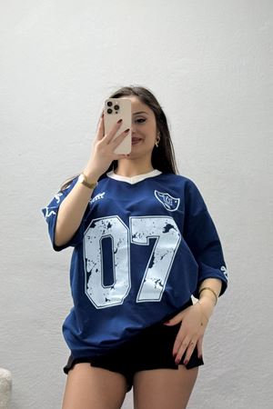 V Yaka Oversize 2 İplik Forma Tişört İndigo - 88103.1878.