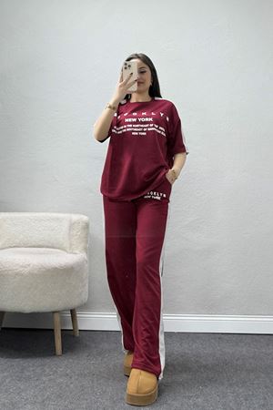 2 İplik Şeritli Baskılı Eşofman Takımı Bordo - 52264.1005.