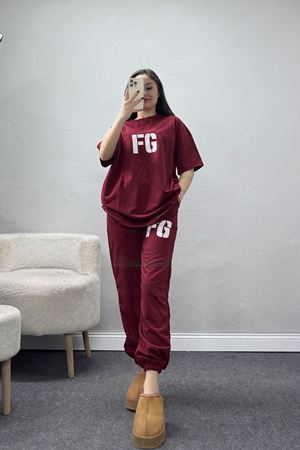 Baskılı Oversize İki İplik Wortex Takım Bordo - 80316.1878.