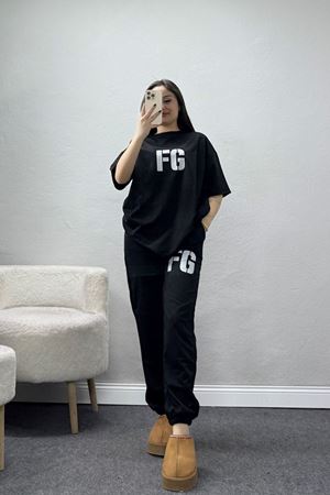 Baskılı Oversize İki İplik Wortex Takım Siyah - 80316.1878.