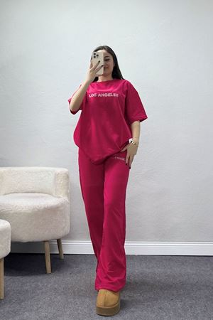 Taş Baskılı Palazzo 2 İplik Wortex Takım Fuşya - 80321.1878.