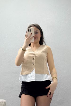 Poliviskon Gömlek Detaylı V Yaka Yelek Bej - 7976.1437.