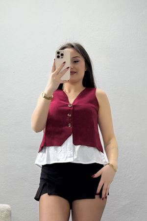 Poliviskon Gömlek Detaylı V Yaka Yelek Bordo - 7976.1437.