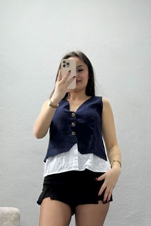 Poliviskon Gömlek Detaylı V Yaka Yelek Lacivert - 7976.1437.