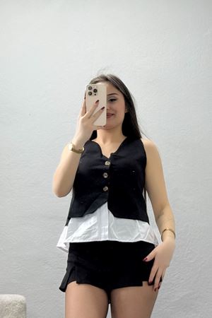 Poliviskon Gömlek Detaylı V Yaka Yelek Siyah - 7976.1437.