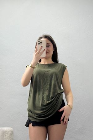 Bisiklet Yaka Sıfır Kollu Viskon Bluz Haki - 71487.599.