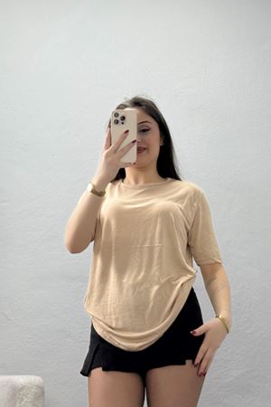 Bisiklet Yaka Kısa Kollu Viskon Bluz Bej - 71488.599.