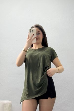 V Yaka Kısa Kollu Viskon Bluz Haki - 71489.599.