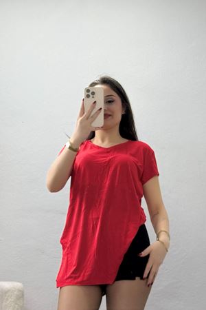 V Yaka Kısa Kollu Viskon Bluz Kırmızı - 71489.599.