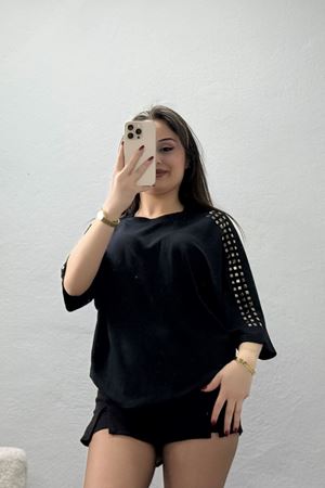 Modal Kumaş Metal Taş Detaylı Bluz  Siyah - 71491.1567.