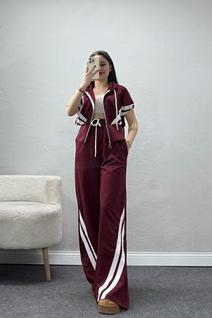 Şeritli 2 İplik Fermuarlı Eşofman Takımı Bordo - 52263.1857.