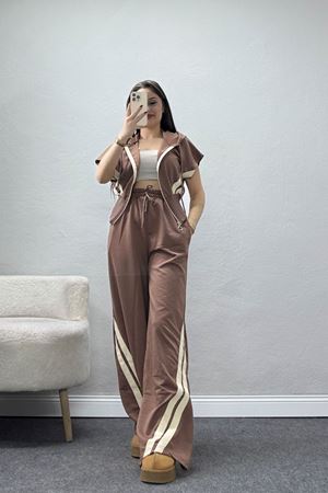 Şeritli 2 İplik Fermuarlı Eşofman Takımı Kahve - 52263.1857.