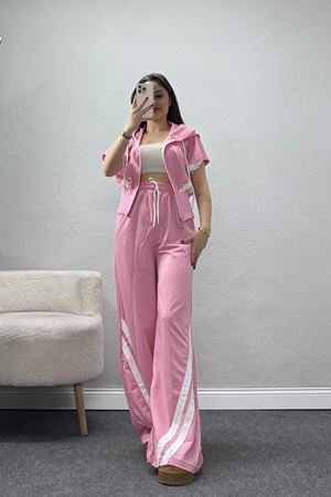 Şeritli 2 İplik Fermuarlı Eşofman Takımı Pembe - 52263.1857.