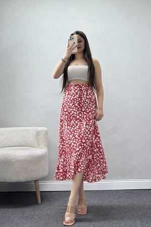 Fırfırlı Yırtmaçlı Etek Kırmızı - 16698.1355.