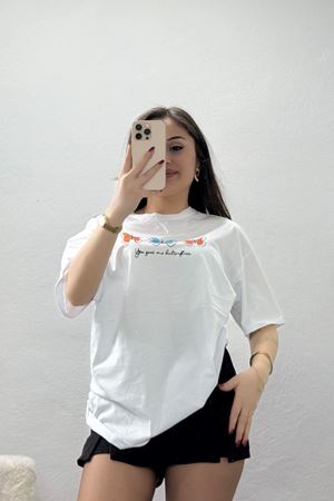 Baskılı Ünisex Kompakt Penye Tişört Beyazturuncu - 55149.1872.