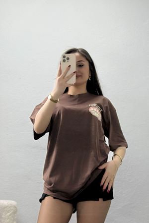 Baskılı Ünisex Kompakt Penye Tişört Kahve - 55149.1872.