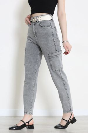 Kadın Kemerli Mom Kot Pantolon Gri