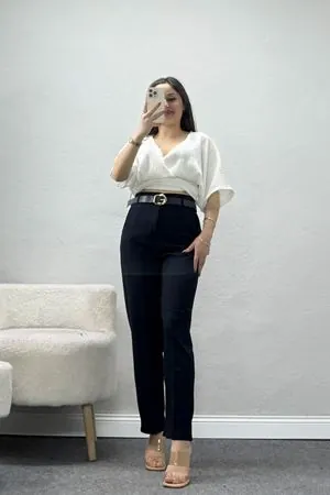Kadın Bez Ayağı Kemerli Pantolon Lacivert