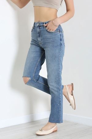 Kadın Kesik Paça Straight Kot Pantolon Mavi