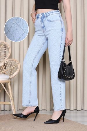 Kadın Premium Taşlı Straight Kot Pantolon Buz Mavi