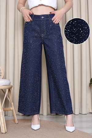 Kadın Premium Taşlı Geniş Paça Kot Pantolon Lacivert