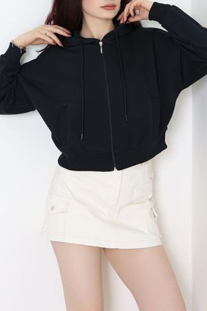 Kadın 3 İplik Şardonsuz Fermuarlı Cepli Crop Sweat Lacivert