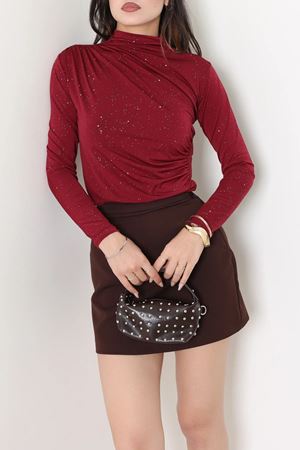 Kadın Dik Yaka Drapeli Simli Sandy Bluz Bordo