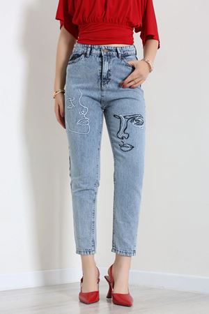 Kadın Nakışlı Mom Jean Açıkmavi