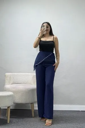 Kadın Fular Ve Taş Detaylı Keten Pantolon Lacivert