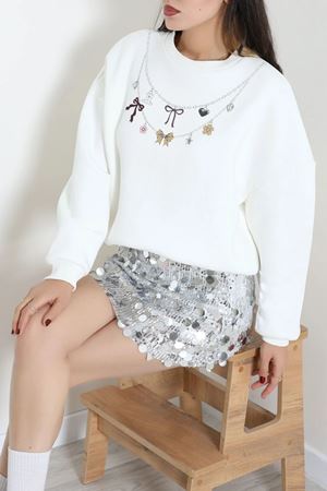 Kadın Quzu Kolye Baskılı Sweatshirt Beyaz