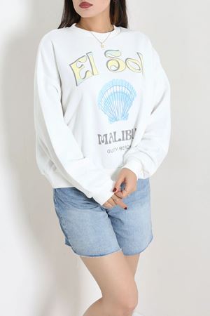 Kadın Quzu İki İplik Baskılı Sweatshirt Beyaz